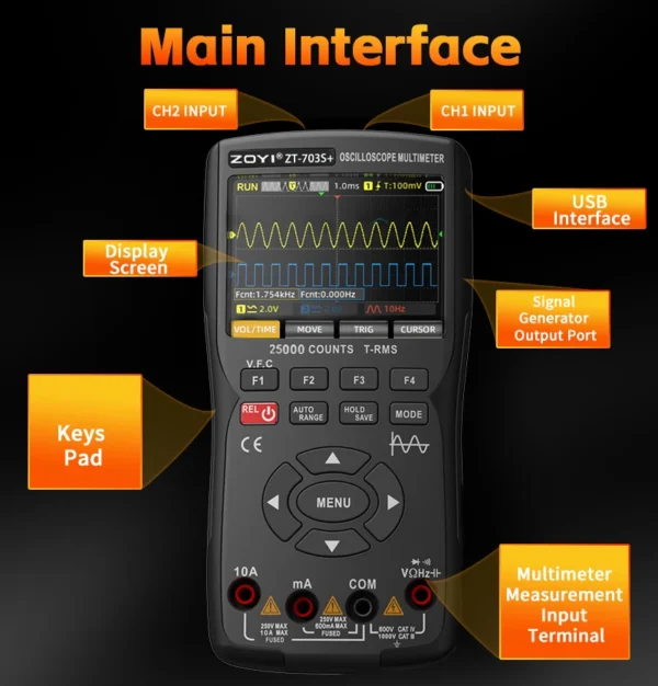 ZOYI 3-in-1 Digital Multimeter, 2-Channel 50MHz Oscilloscope & Signal Generator