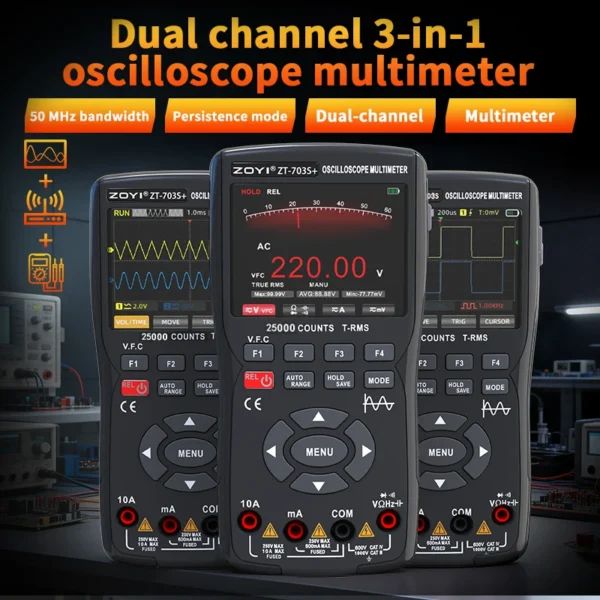 ZOYI 3-in-1 Digital Multimeter, 2-Channel 50MHz Oscilloscope & Signal Generator
